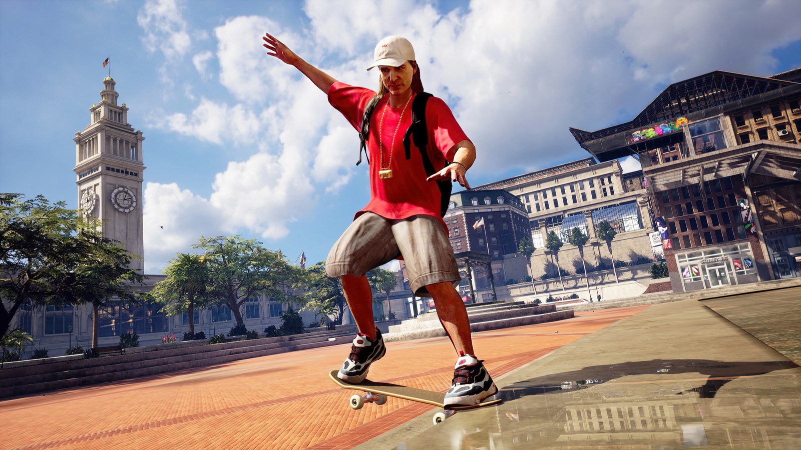 There is a man riding a skateboard on a sidewalk (tony hawks pro skater 1 2, video game, skateboarding)