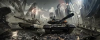 Intense Battlefield Showdown: M1 Abrams vs. T-90 in a War-Torn Cityscape