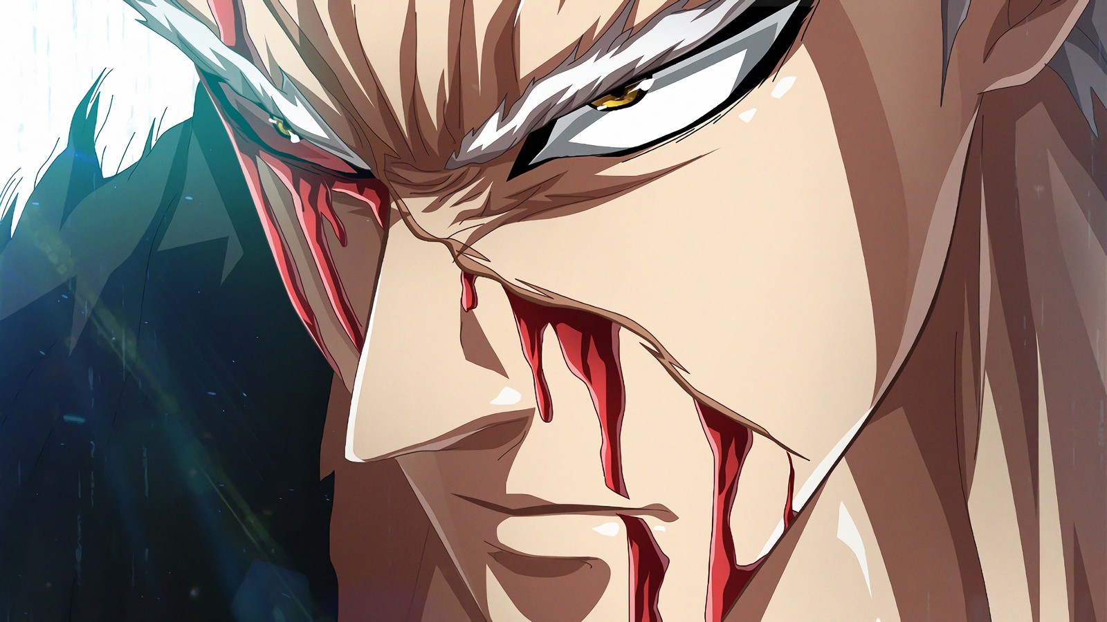 Anime-charakter mit roten augen und weißen haaren mit blutigem gesicht (garou, one punch man, anime)