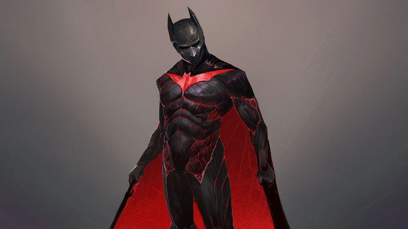 Бетмен в красном плаще стоит на красном ковре (бэтмен будущее, batman beyond, dc comics, супергерой, комиксы)