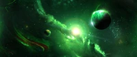 Radiant Green Galaxy with Celestial Bodies and Aurora Effects