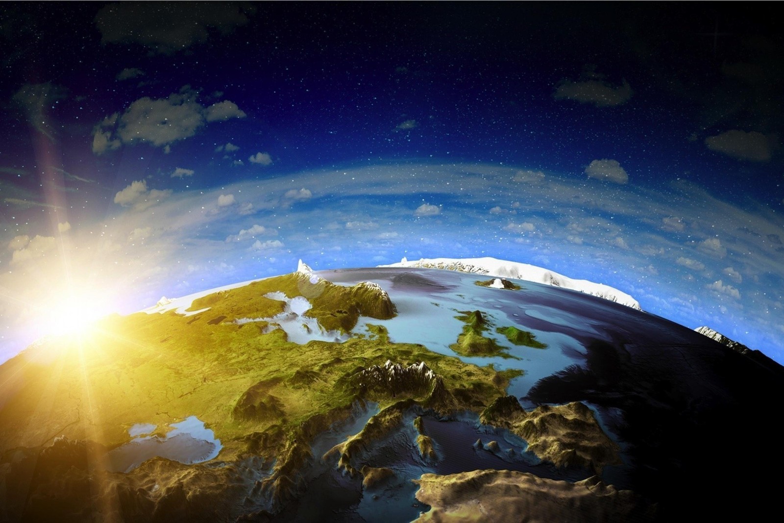 A view of the earth with the sun shining over it (earth, atmosphere, world, space, planet)