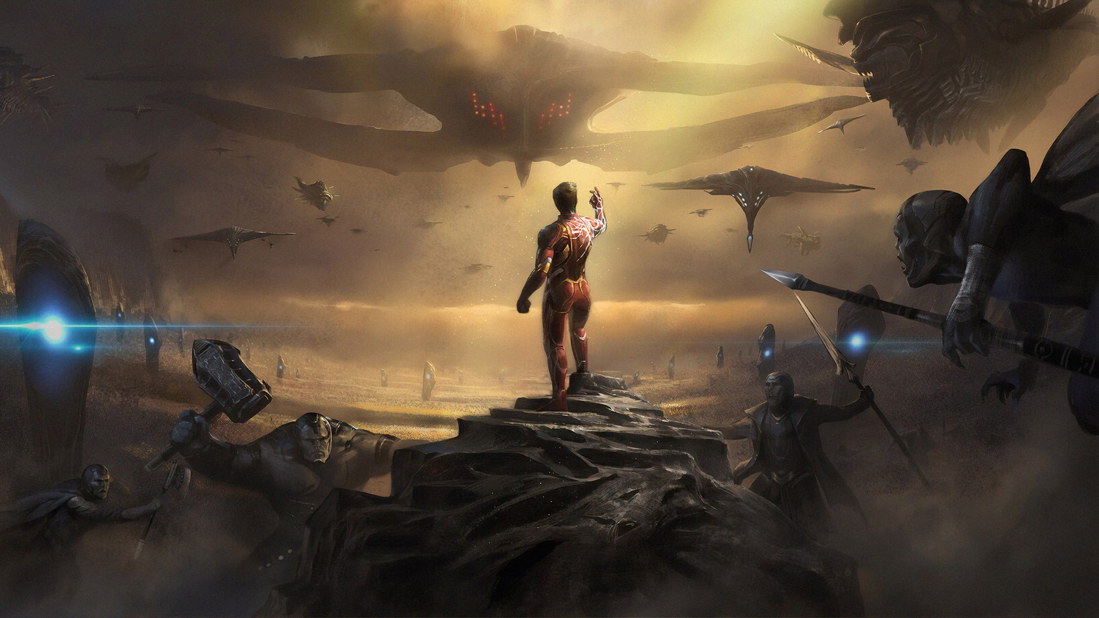 A man standing on top of a cliff looking at a group of aliens (iron man, snap, avengers endgame, movie)