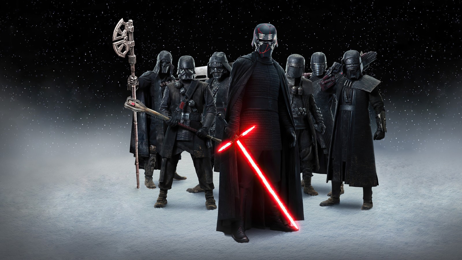 Star wars: el despertar de la fuerza en un grupo de personas con sables de luz (knights of ren, kylo ren, sable de luz, lightsaber, star wars el ascenso de skywalker)