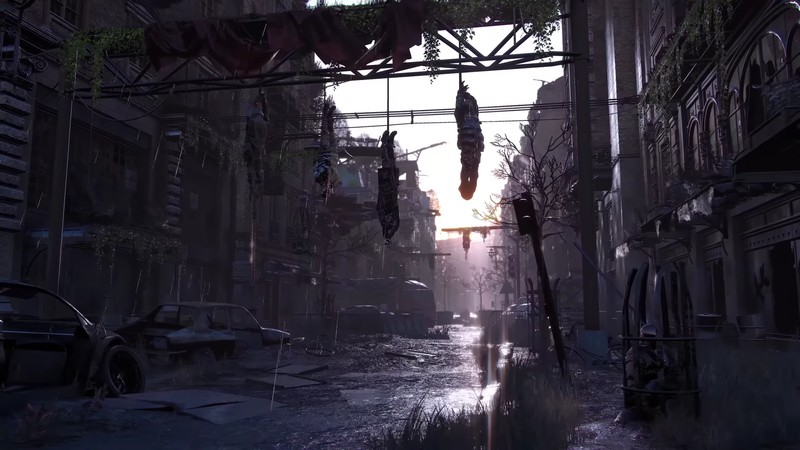 С высоты птичьего полета улицы с висящей одеждой (умирающий свет 2, dying light 2, видеоигра)