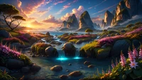 Surreal Sunset Over a Dreamlike Landscape with Spring Flowers