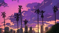 Vibrant Sunset Over a City Skyline with Palm Trees