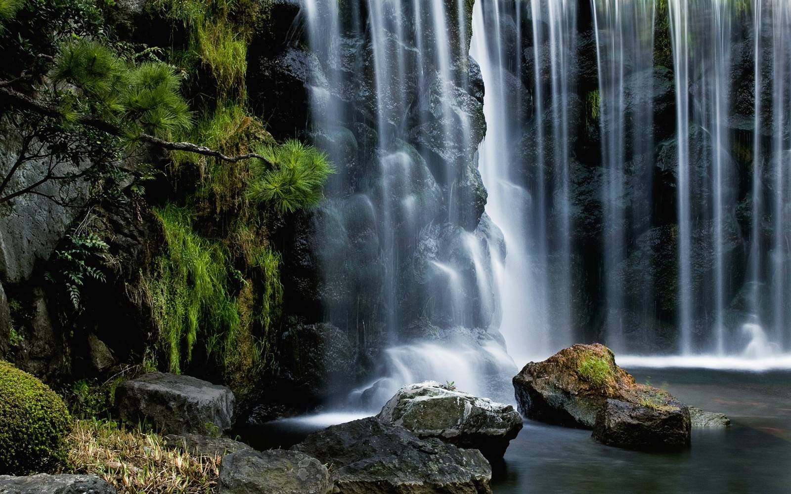 Wasserfall mit ein paar steinen im vordergrund und ein paar bäumen im hintergrund (gewässer, wasserressourcen, natur, wasserlauf, naturschutzgebiet)