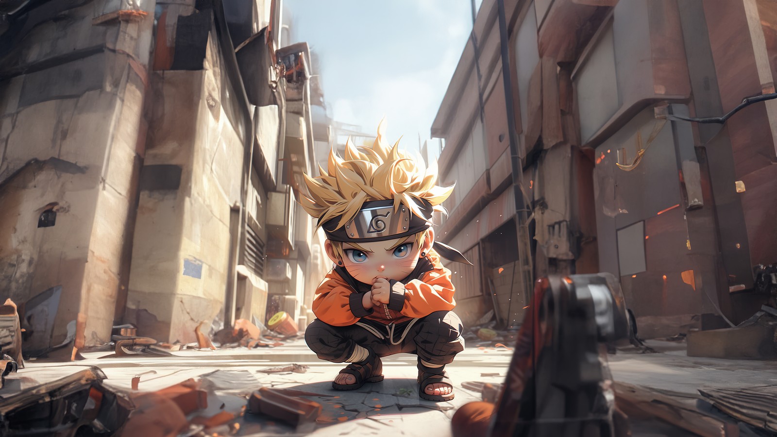 Un personaje de dibujos animados en la calle con un arma y un edificio (naruto uzumaki, chibi, arte de ia, ai art, anime)