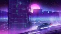 Conducción nocturna futurista a través de un paisaje urbano de neón