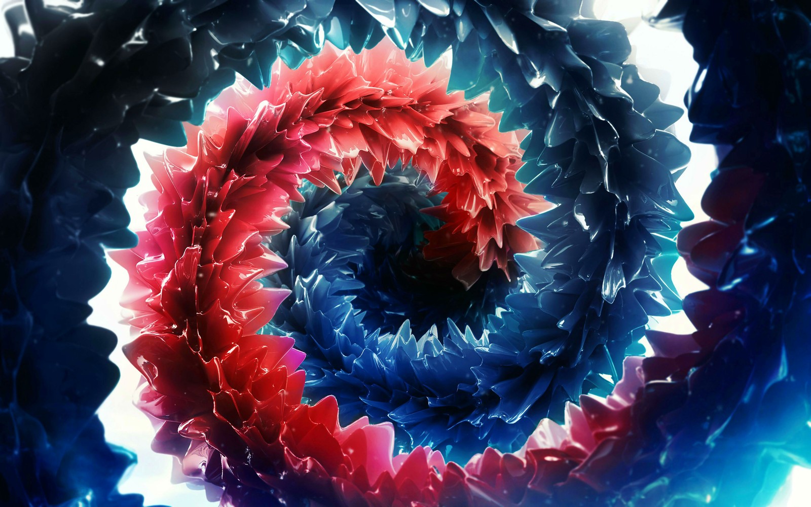 Gros plan d'une spirale de fleurs rouges et bleues (bleu, art fractal, bleu électrique, graphiques, film 3d)