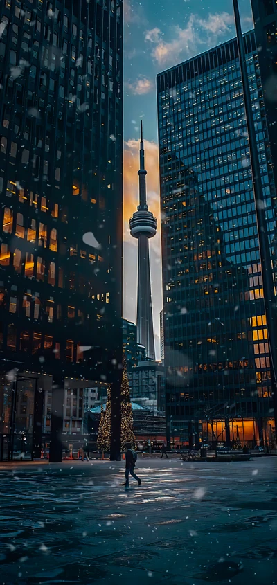 Torre CN elevándose entre rascacielos urbanos al anochecer