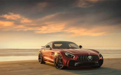 Sleek Mercedes-AMG Supercar Against a Scenic Beach Sunset