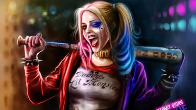 Harley Quinn pisca com um bastão de beisebol, abraçando sua vibe de anti-heroína