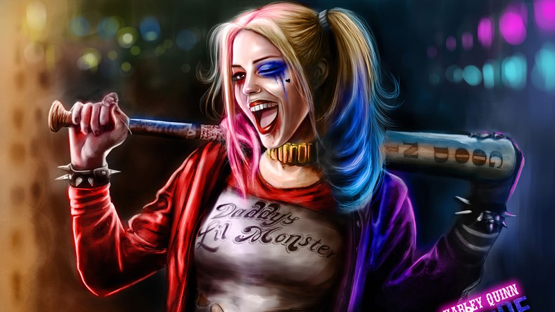 Крупный план женщины с битой в руке (harley quinn, подмигивание, бейсбольная бита, dc comics, комиксы)