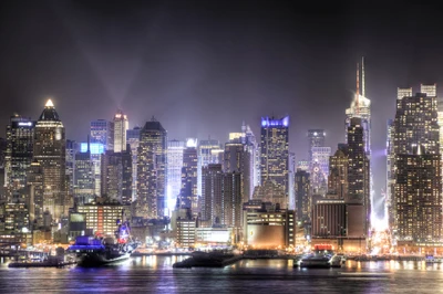 Vibrant Night Skyline of a Metropolitan Cityscape with Illuminated Skyscrapers.