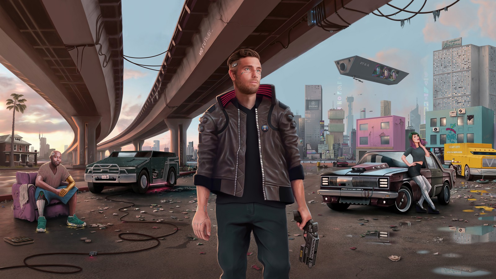 Un homme en veste en cuir se tient à côté d'une voiture (cyberpunk 2077, cyberpunk, illustration, grand theft auto v, art)