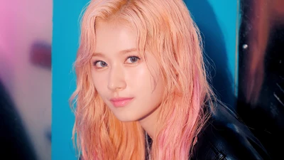 Minatozaki Sana with peach pink hair in a vibrant K-pop setting.