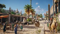 Vibrant marketplace scene in ancient Egypt, featuring palm trees, historic architecture, and people engaged in daily activities.