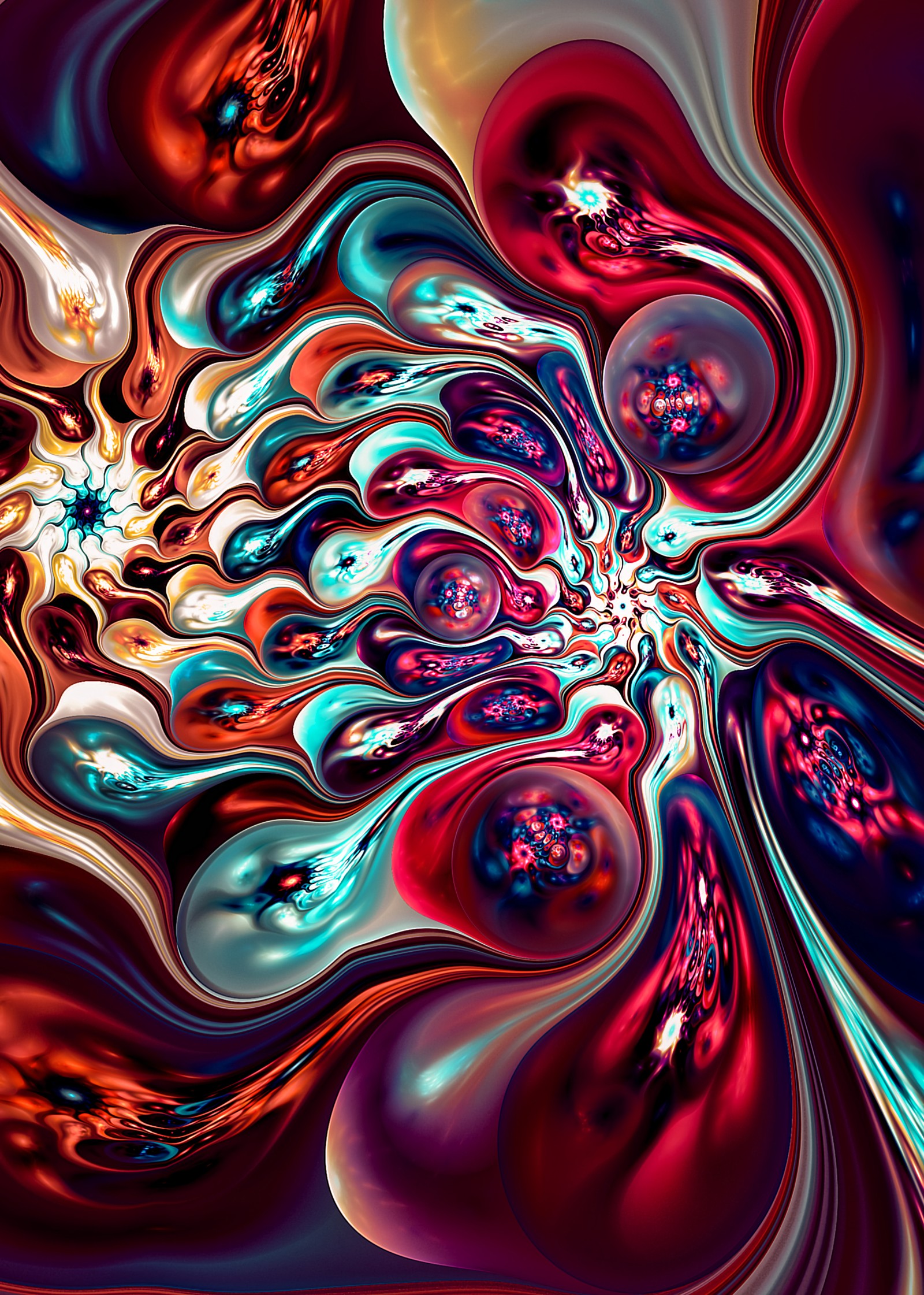 Abstract painting of a colorful flower with a red center (digital art, fractal art, art, fractal, water)