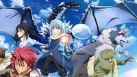 Personagens principais de 'Naquela vez em que reencarnei como um slime': Rimuru Tempest, Benimaru, Shizue Izawa, Ranga e Veldora Tempest