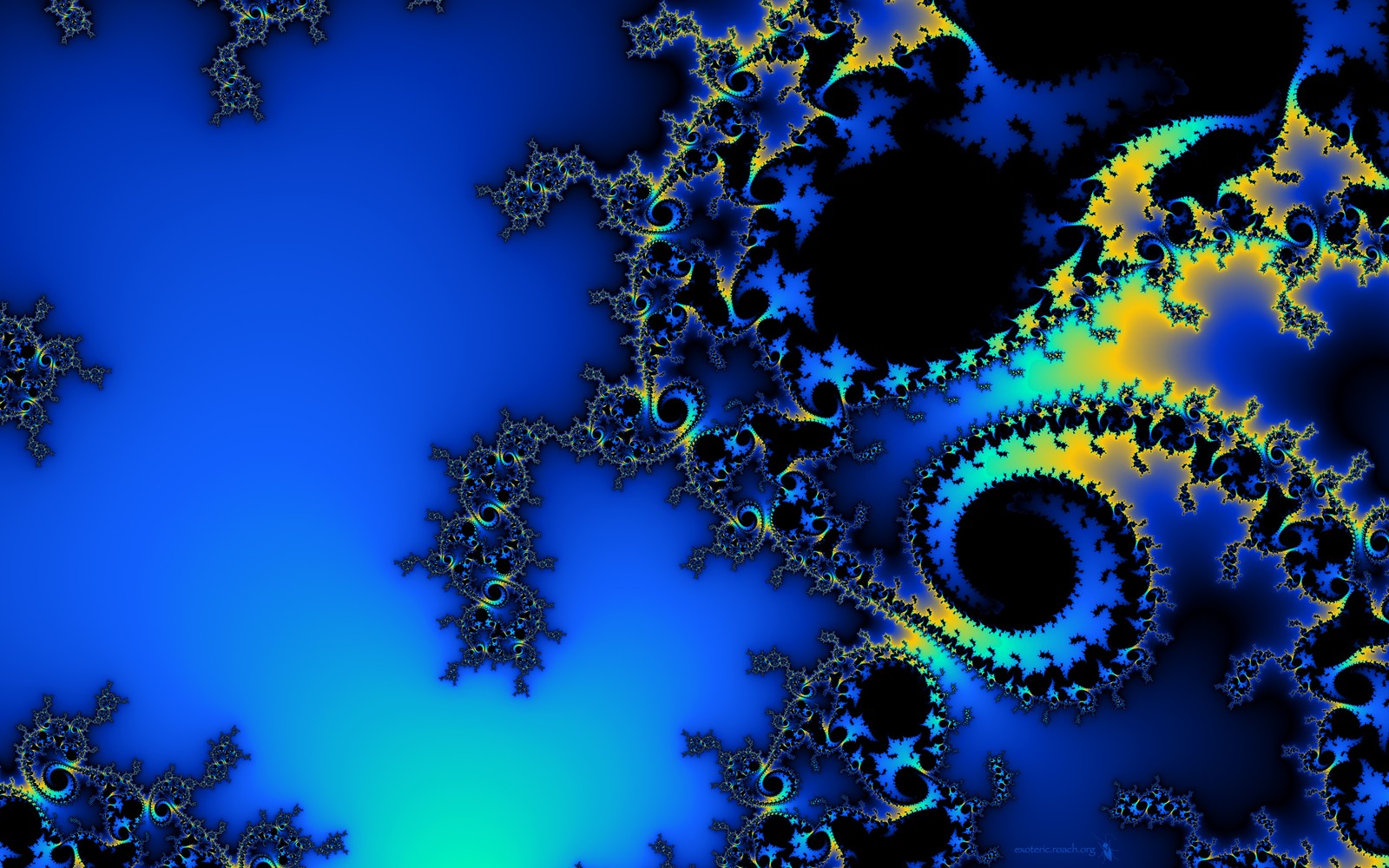 A blue and yellow fram fram background with a spiral design (fractal, fractal art, blue, electric blue, coral reef)