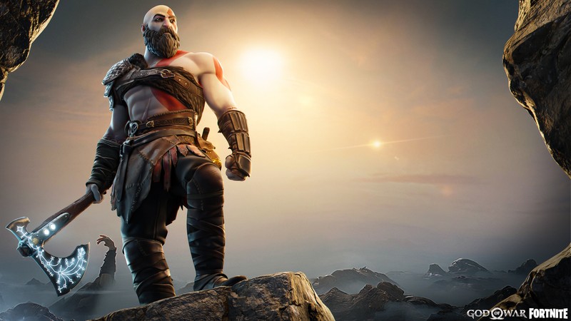 Мужчина, стоящий на камне с большим топором в руке (kratos, фортнайт, fortnite, god of war, кожа)