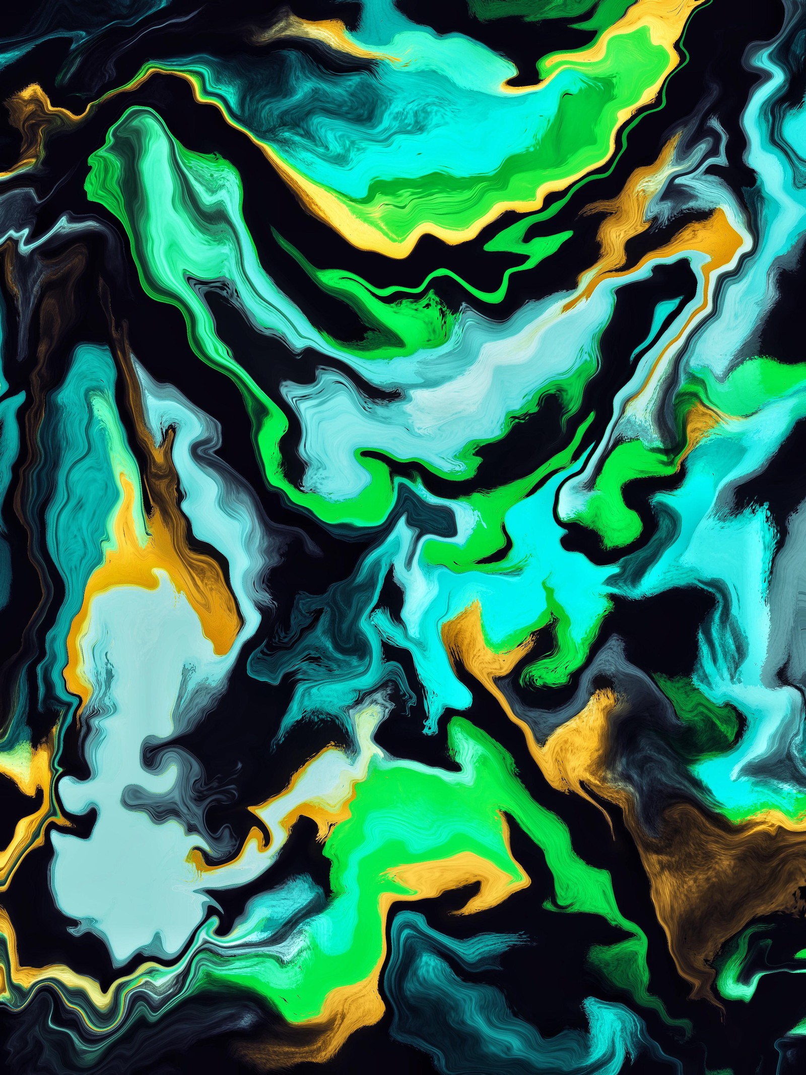 A close up of a painting of a green and yellow swirl (modern art, green, art paint, vegetation, body of water)