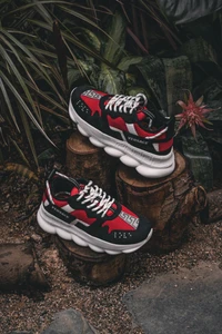 Versace Sneakers with Black, Red, and White Design on Natural Background