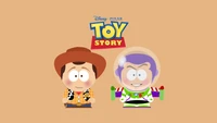 estilo south park, toy story, woody, buzz lightyear, fundo pastel