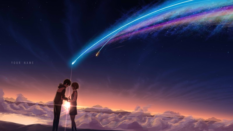 Два человека стоят на холме и смотрят на падающую звезду (твое имя, your name, 8k, lofi, любящая пара)