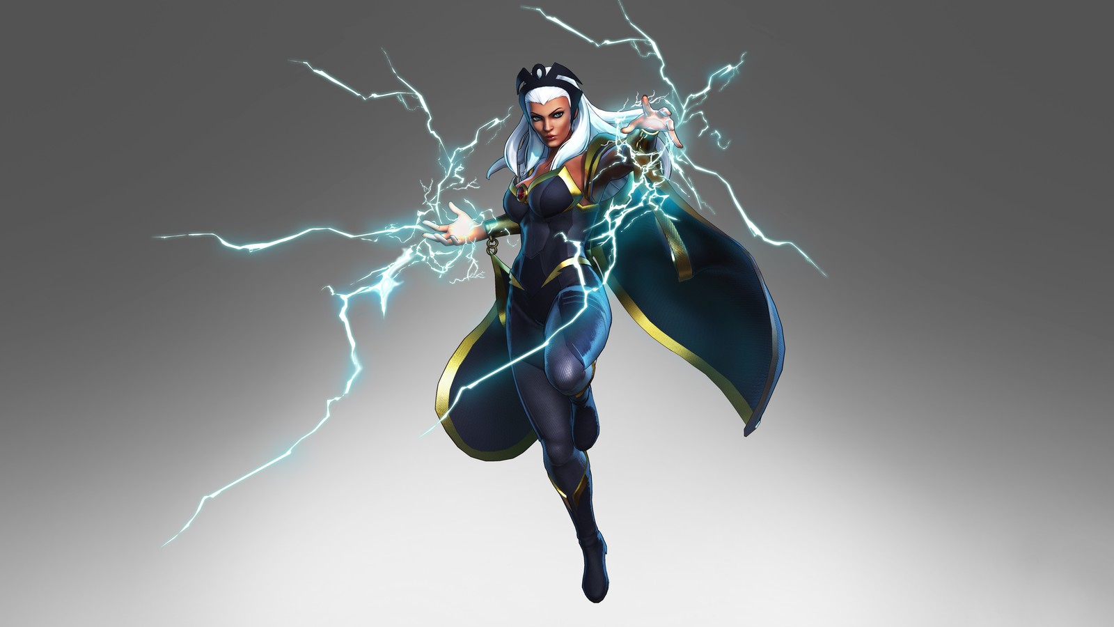 Eine frau in einem schwarzen outfit mit einem umhang hält einen blitz (sturm, blitz, marvel ultimate alliance 3, marvel ultimate alliance 3 the black order, videospiel)