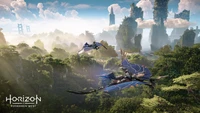 Aerial view of futuristic flying machines soaring over a lush, vibrant landscape with towering greenery and distant mountains in "Horizon Forbidden West.