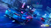 Toyota Supra courant à travers un paysage urbain vibrant et éclairé au néon dans "The Crew Motorfest", montrant une action à grande vitesse dans un décor de nuit pluvieuse.