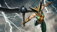 Hawkgirl schwebt durch einen Sturm mit einem Streitkolben in der Hand