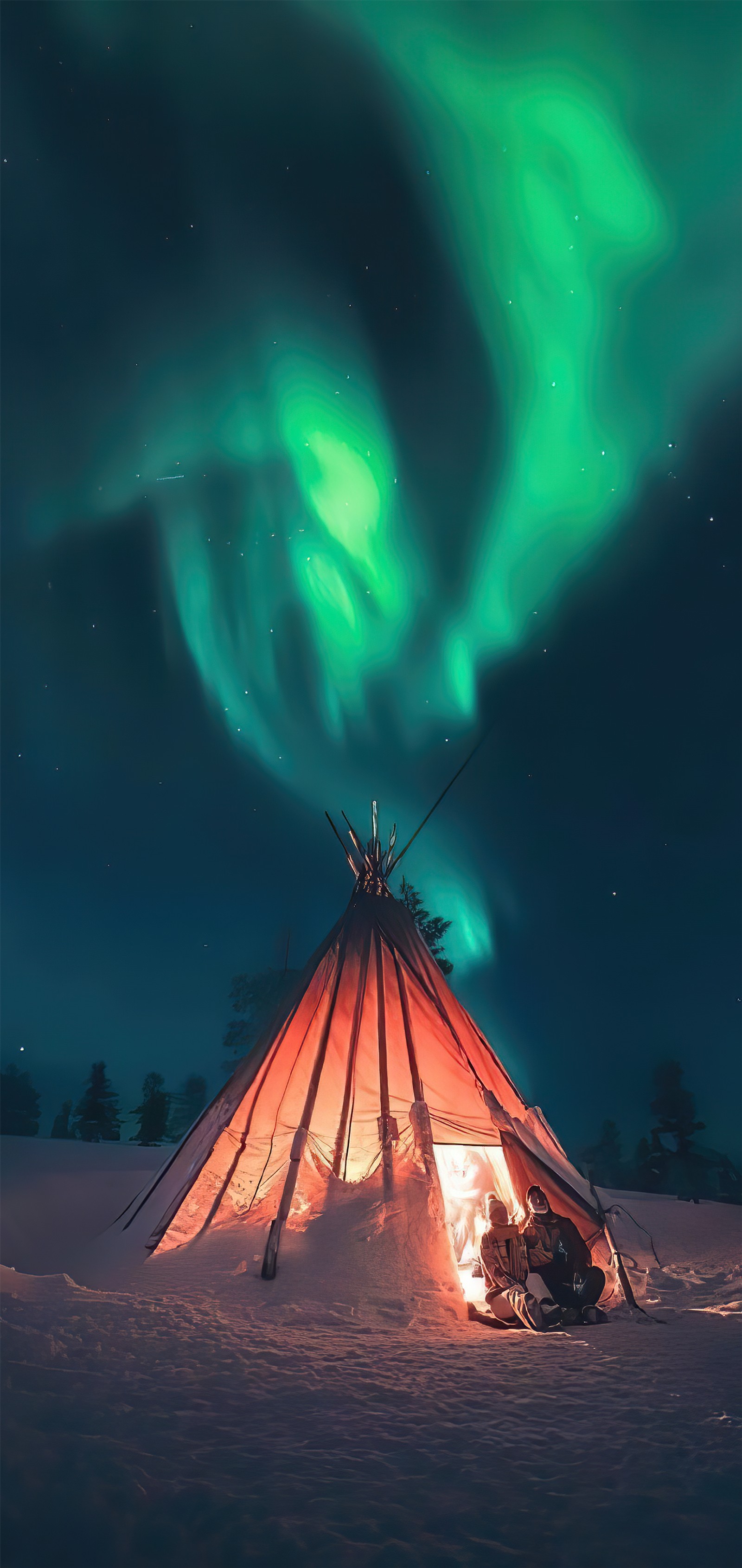 Araffe in the snow with a fire in front of it (light, aurora, atmosphere, cloud, nature)