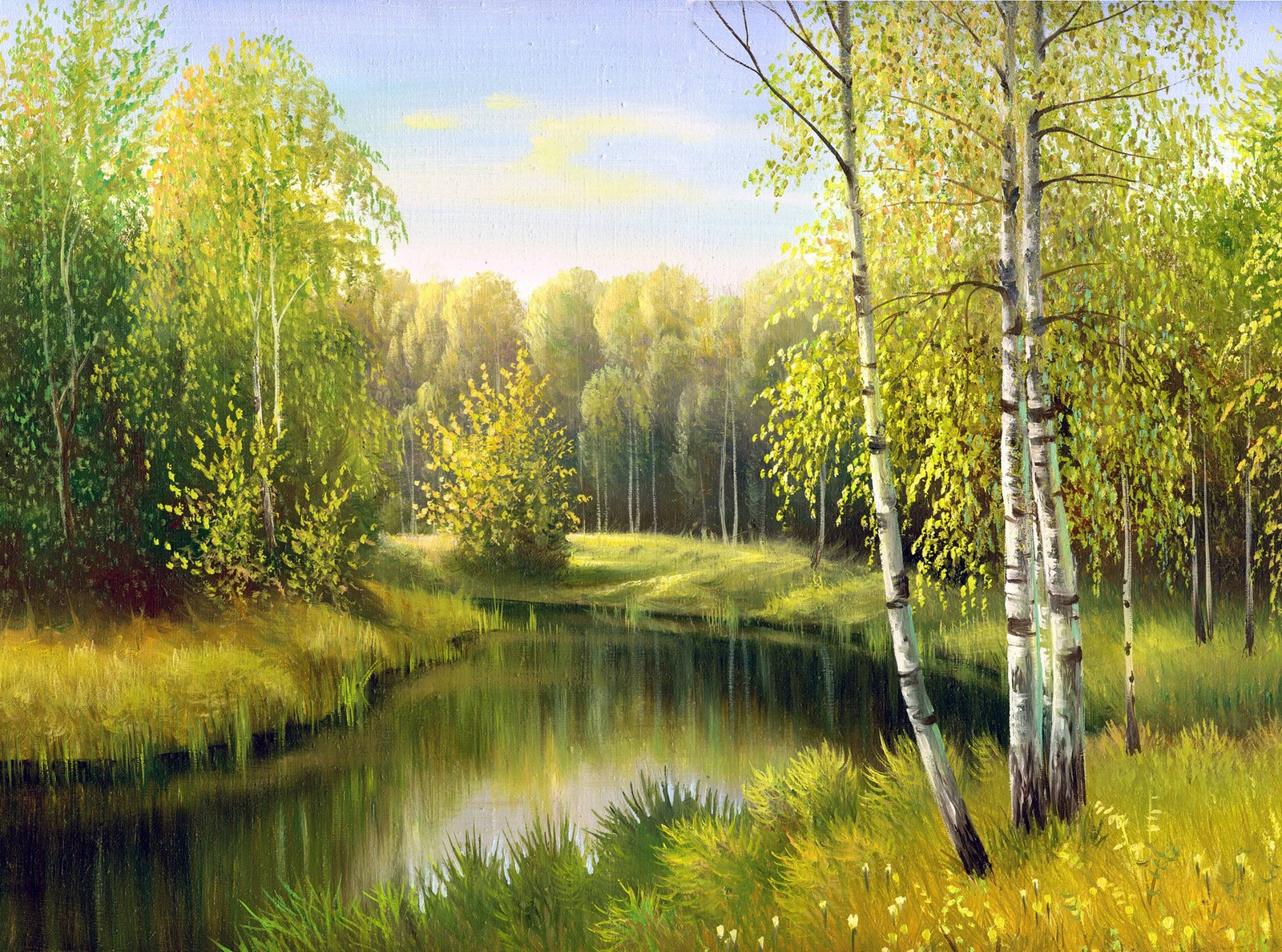 Pintura de un río en un bosque con algunos árboles (pintura de paisajes, pintura, pintura al óleo, naturaleza, árbol)