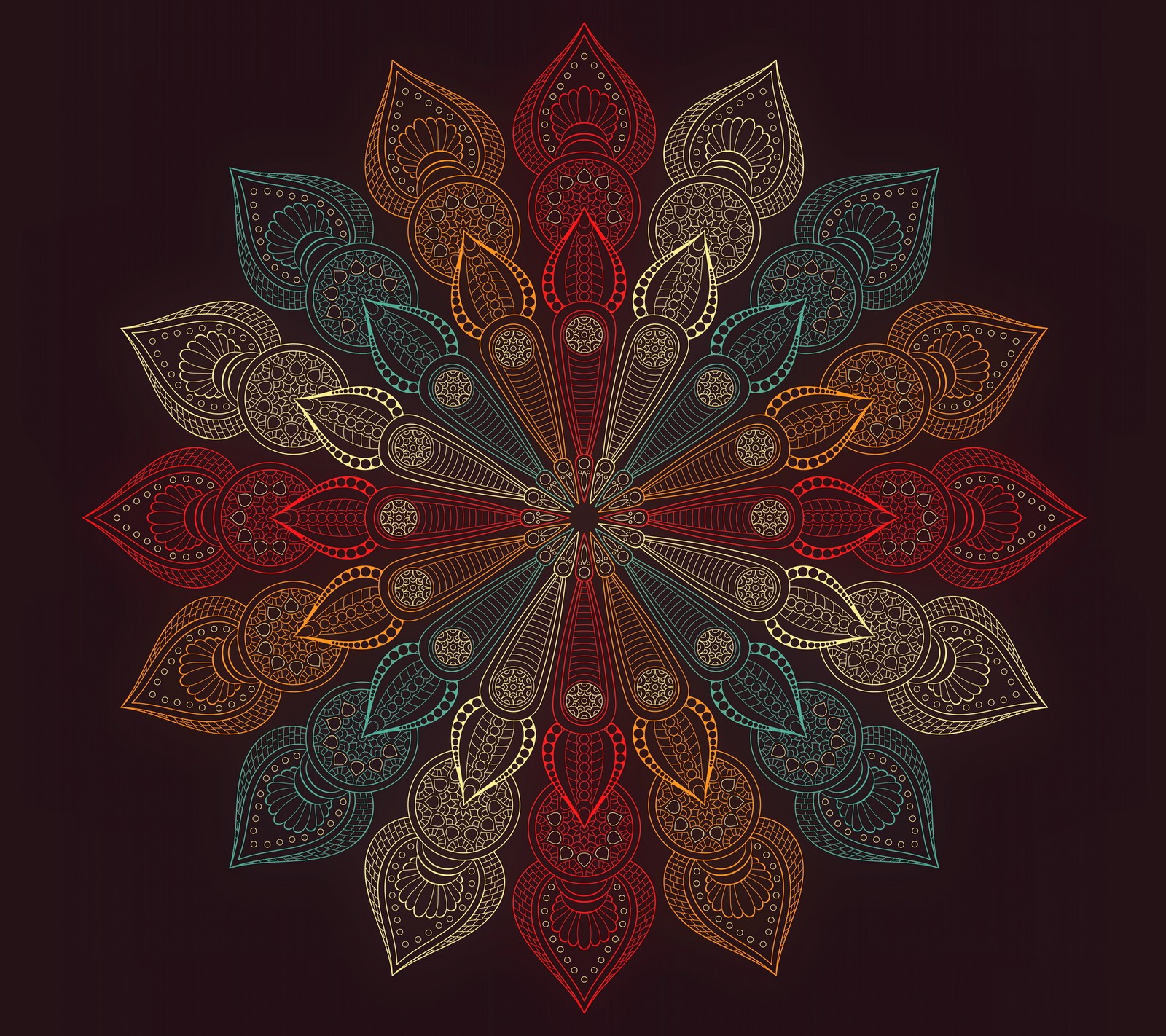 Um design circular colorido com folhas em um fundo preto (abstrato, flor, mandala)