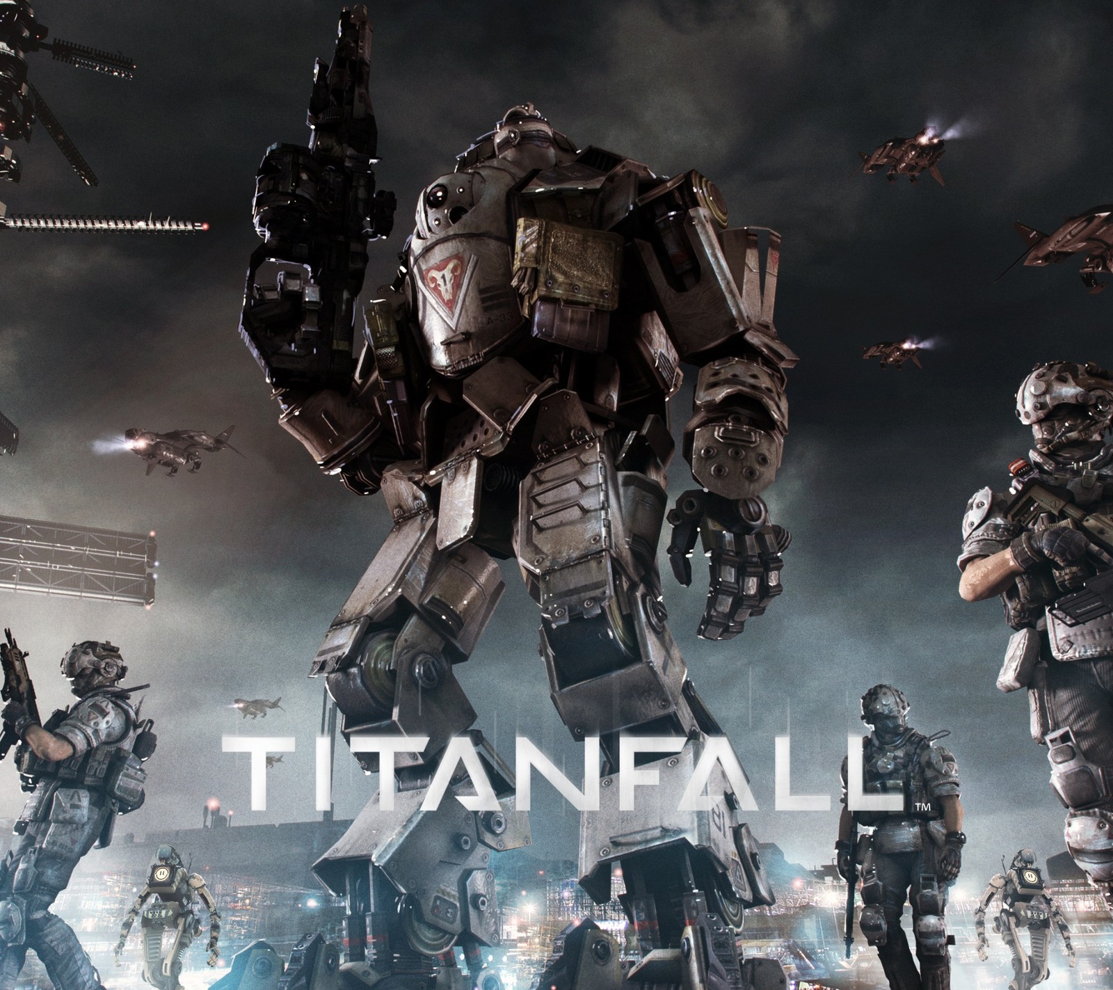 A group of people standing in front of a giant robot (game, shooter)