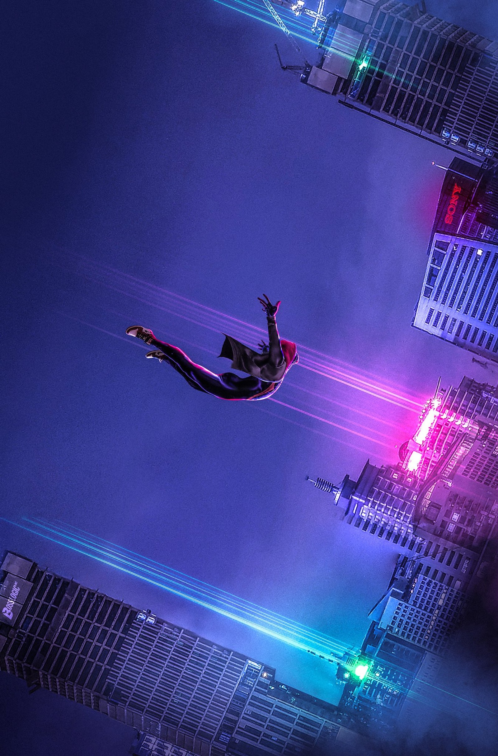 Spider-man dans le ciel au-dessus d'une ville la nuit (marvel, film, animation, spiderman, miles)