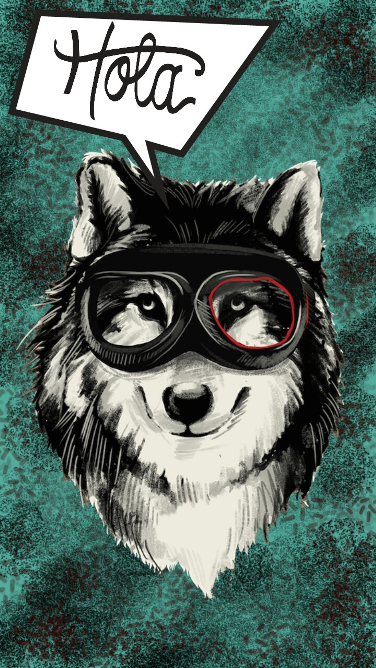 Un primer plano de un lobo con gafas y un globo de diálogo sobre él (perro, gafas, hola, méxico, español)