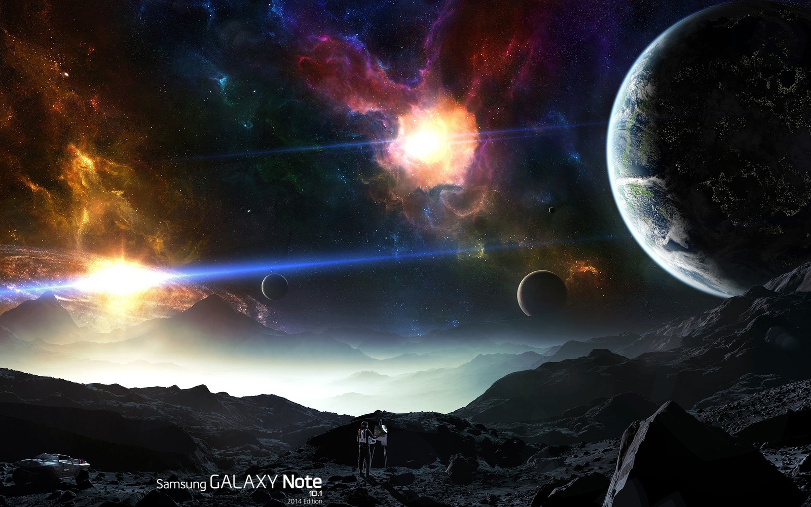 A man standing on a rocky surface looking at planets (10, 2014, galaxy, logo, note)