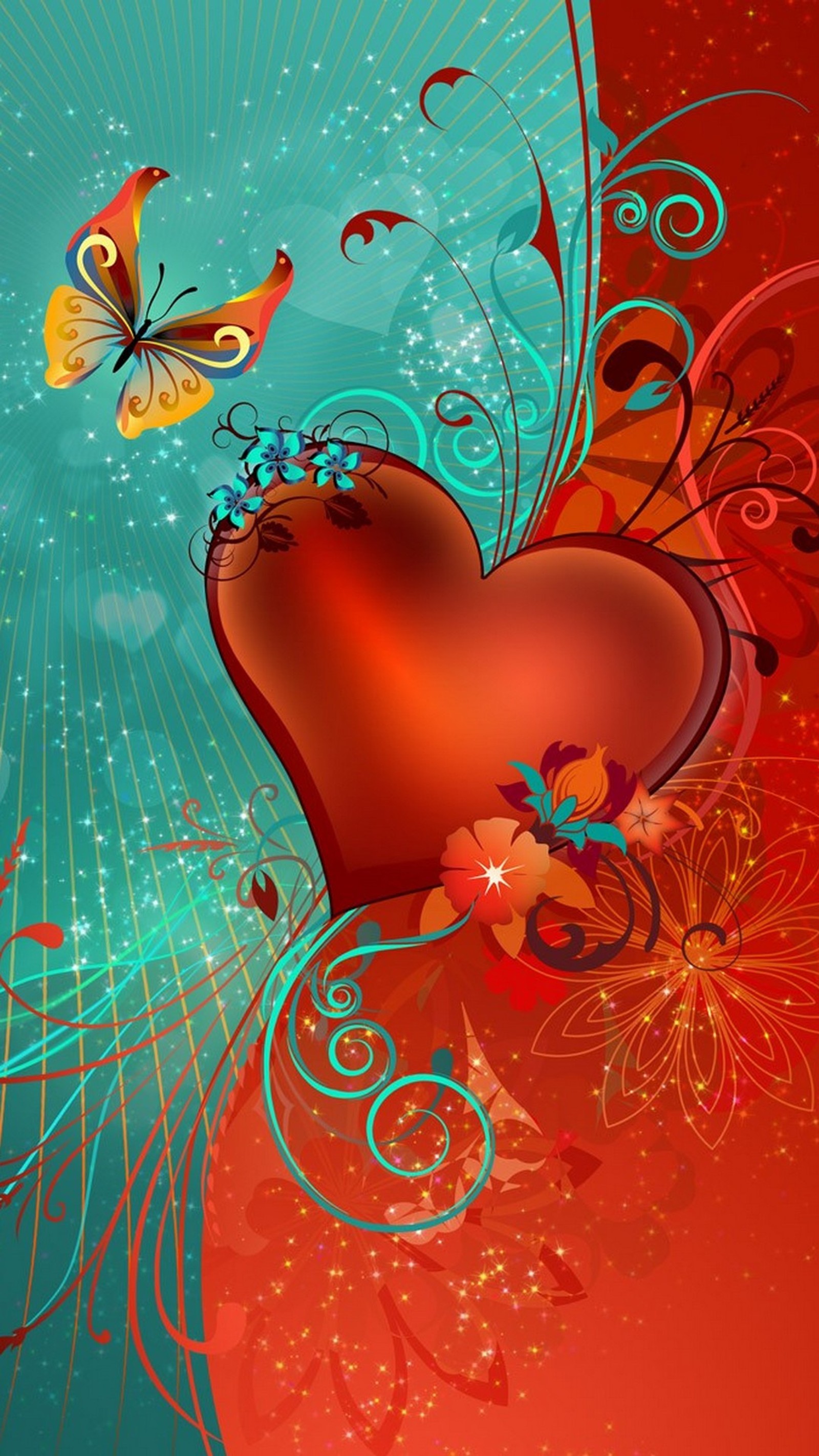 A red heart with a butterfly and flowers on a blue background (love, red, hearts, blue, art)