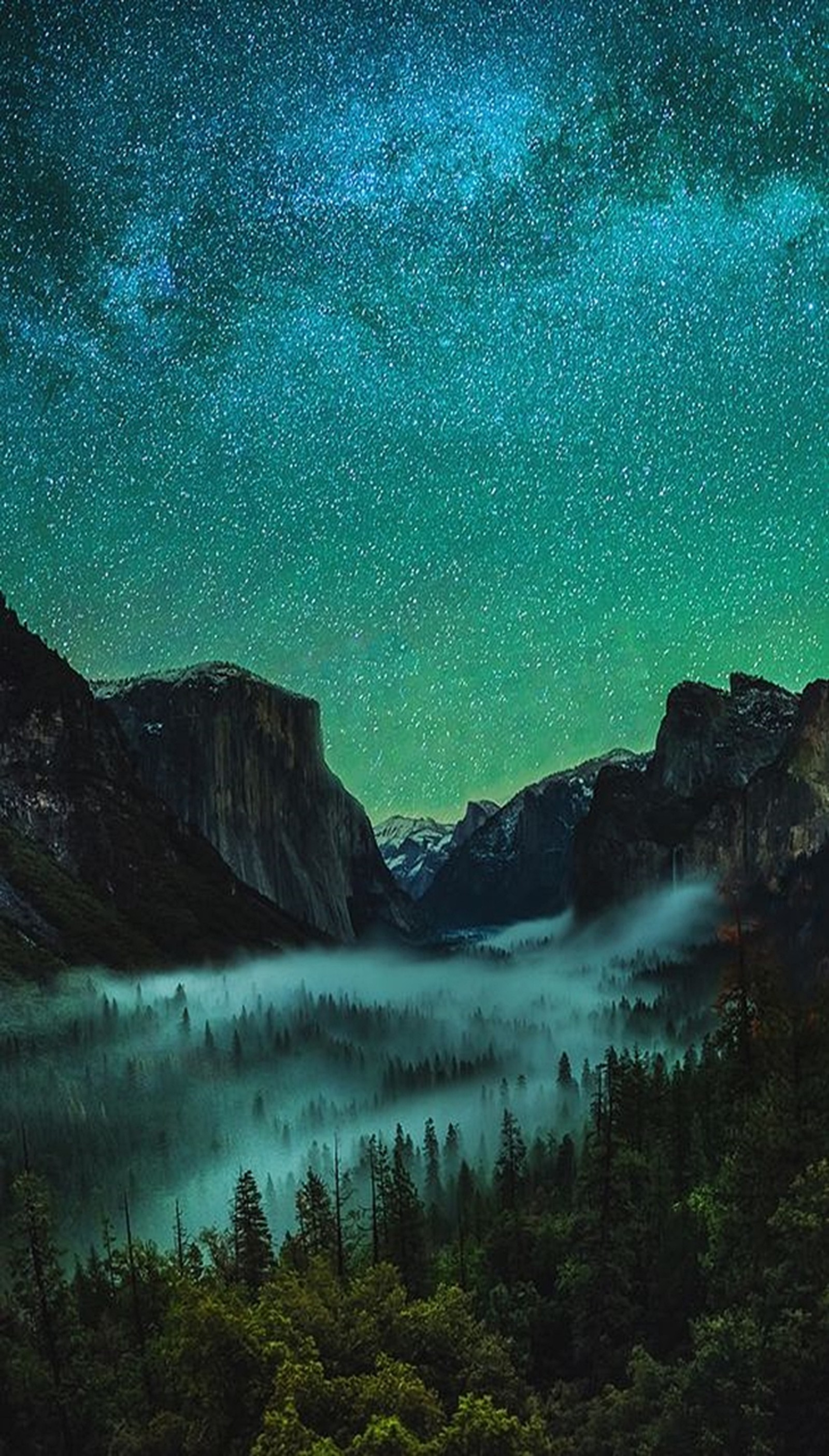 Una vista de un valle con una montaña y un bosque bajo un cielo verde (noche, papel de pared)