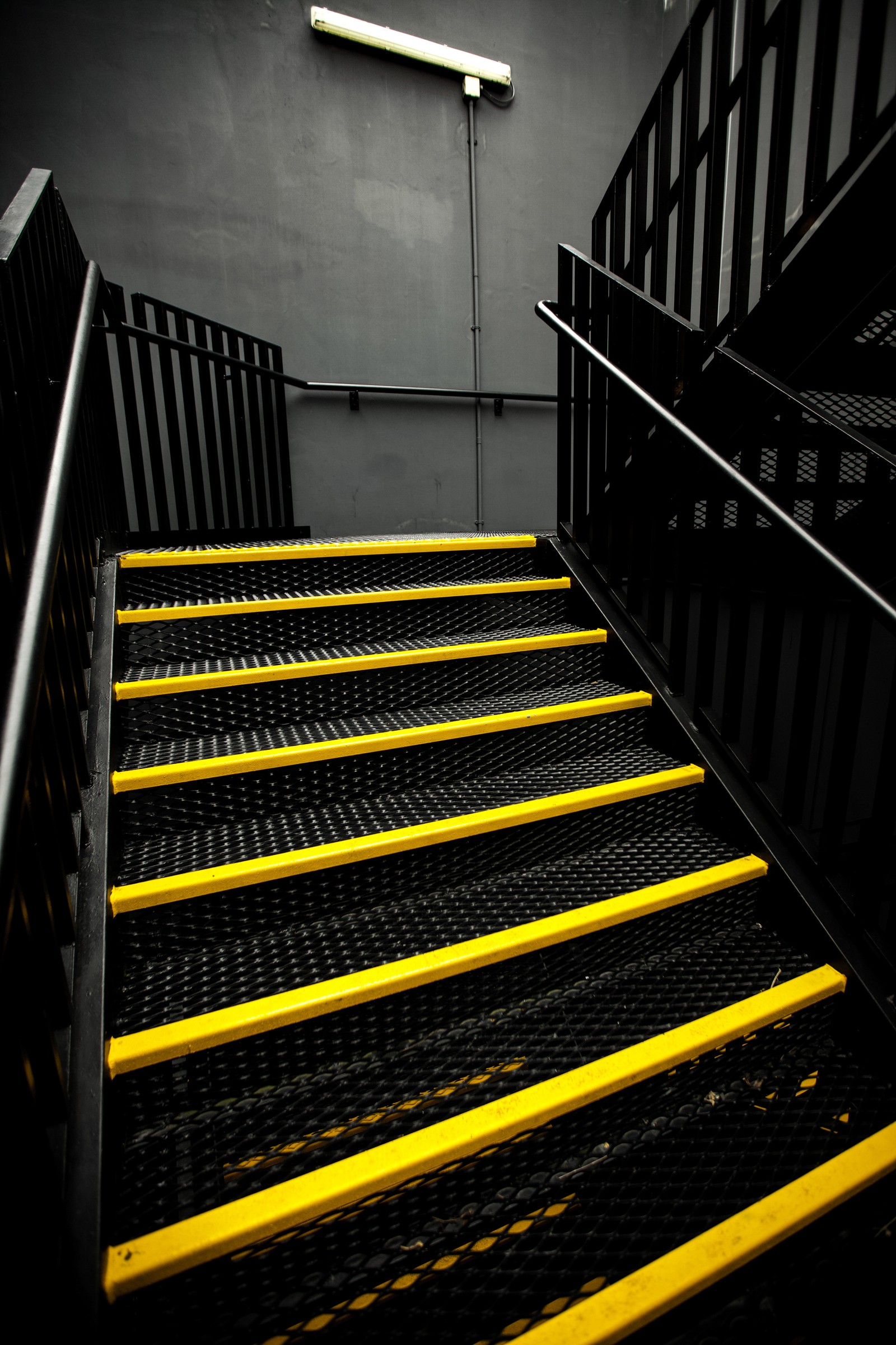 Escaleras metálicas amarillas y negras que conducen a una habitación oscura (metal, oscuro, profundo, negro, árboles)