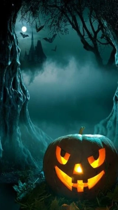 castle, dark, halloweenwallpaper, bats, pumpkin