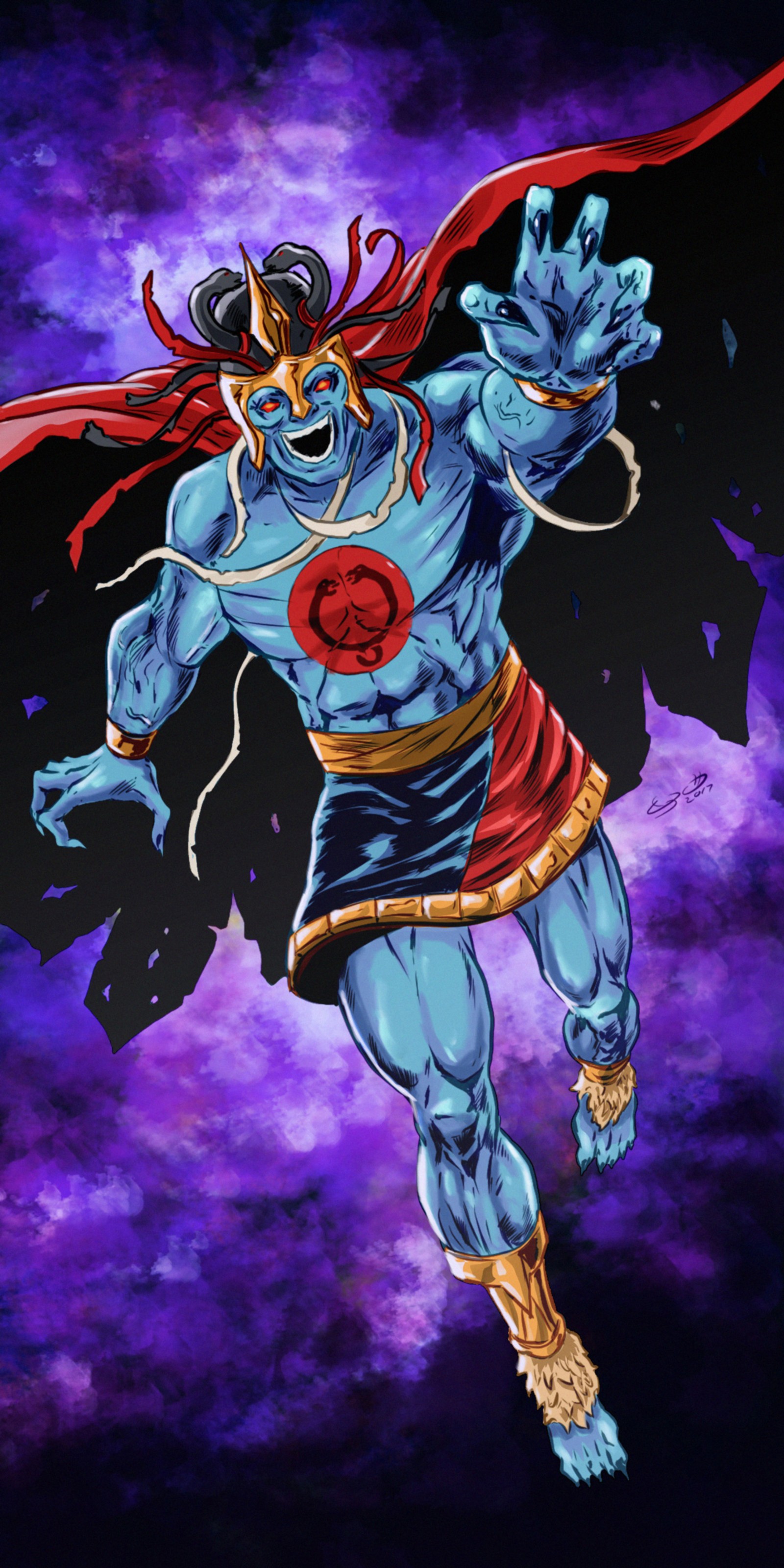 Un dibujo animado de un hombre con una capa volando por el aire (80s, mumm ra, thundercats)