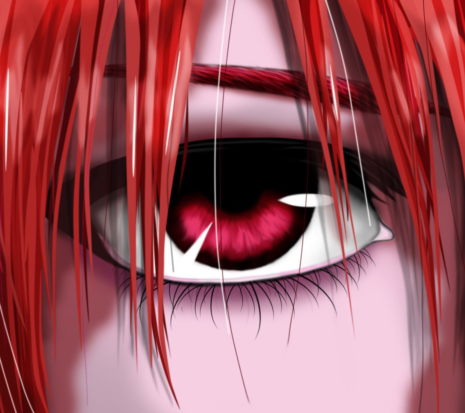 Chica de anime con cabello rojo y ojos rojos con una flecha blanca. (anime, elfenlied, manga)