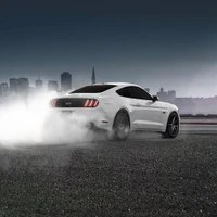 Dynamic White Supercar Leaving a Trail of Smoke Against a City Skyline