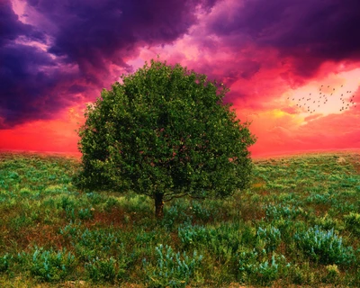 birds, clouds, field, flowers, forest